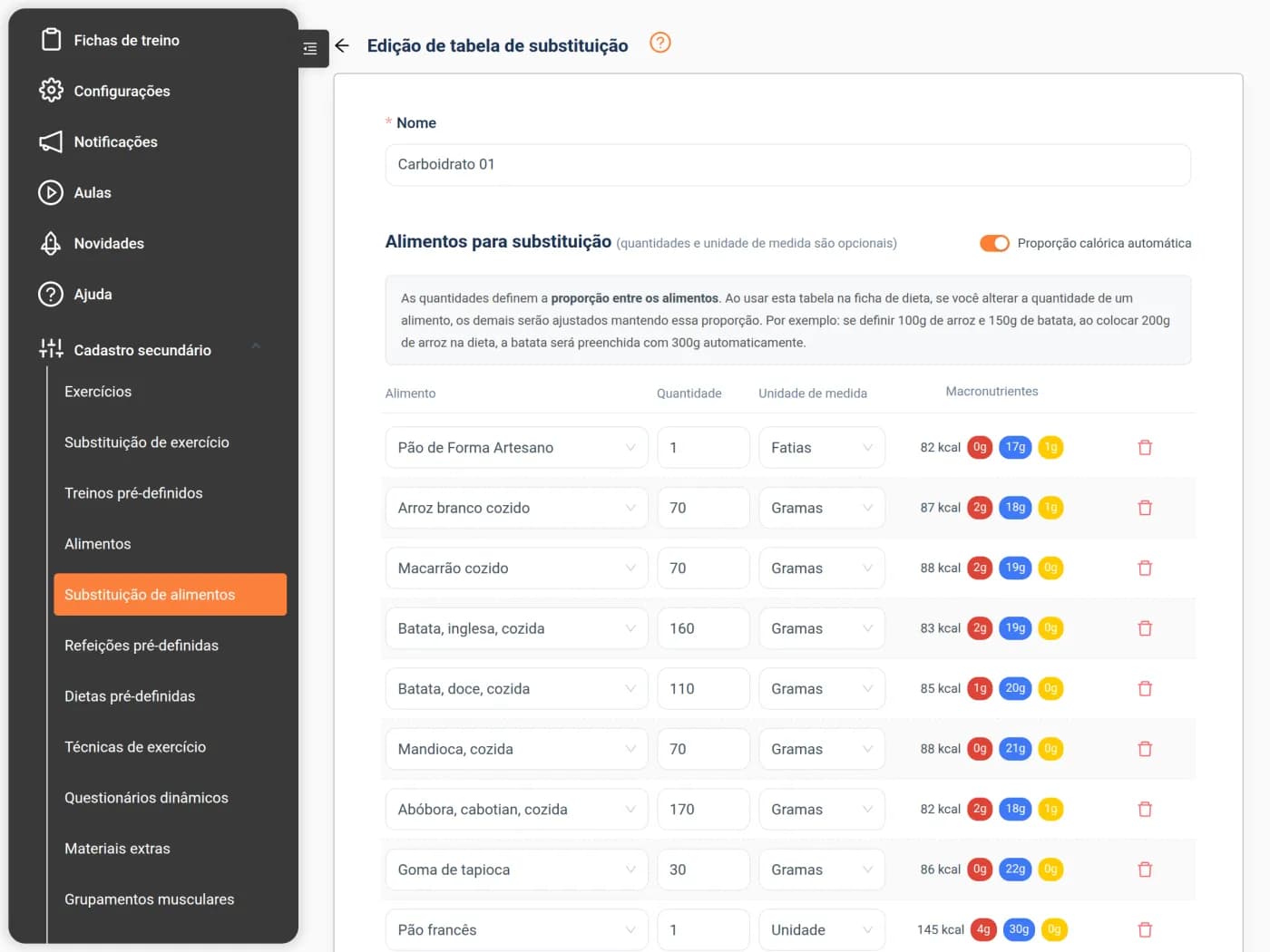Tabela de substituição de alimentos com proporção calórica automática