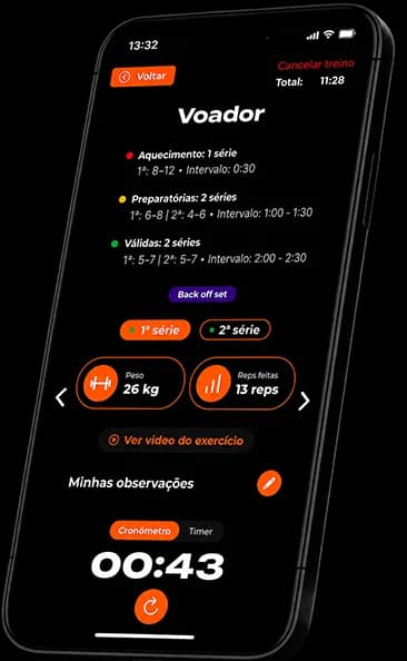App do aluno no treino.io com a série em andamento: 26 kg, 13 repetições e cronômetro de descanso